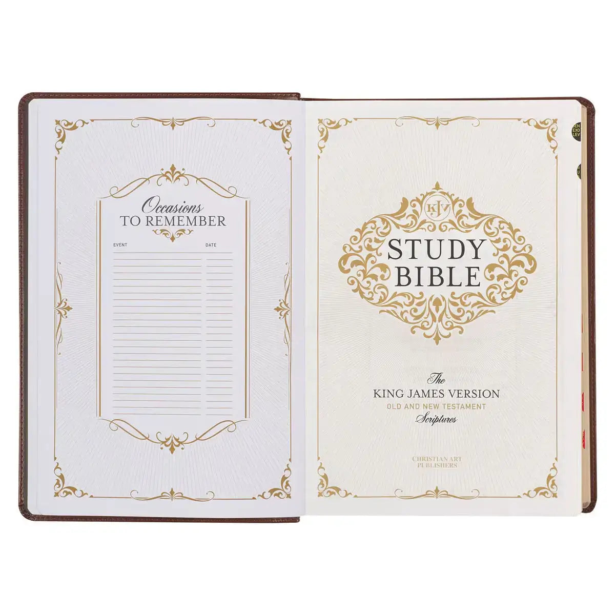 Art Nouveau Framed Toffee Brown Faux Leather Large Print King James Study Bible with Thumb Index