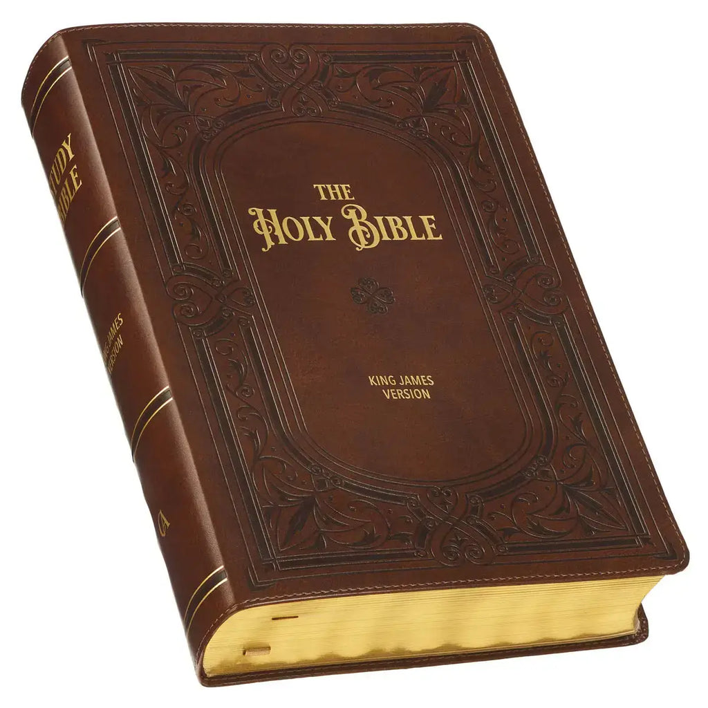 Art Nouveau Framed Toffee Brown Faux Leather Large Print King James Study Bible with Thumb Index