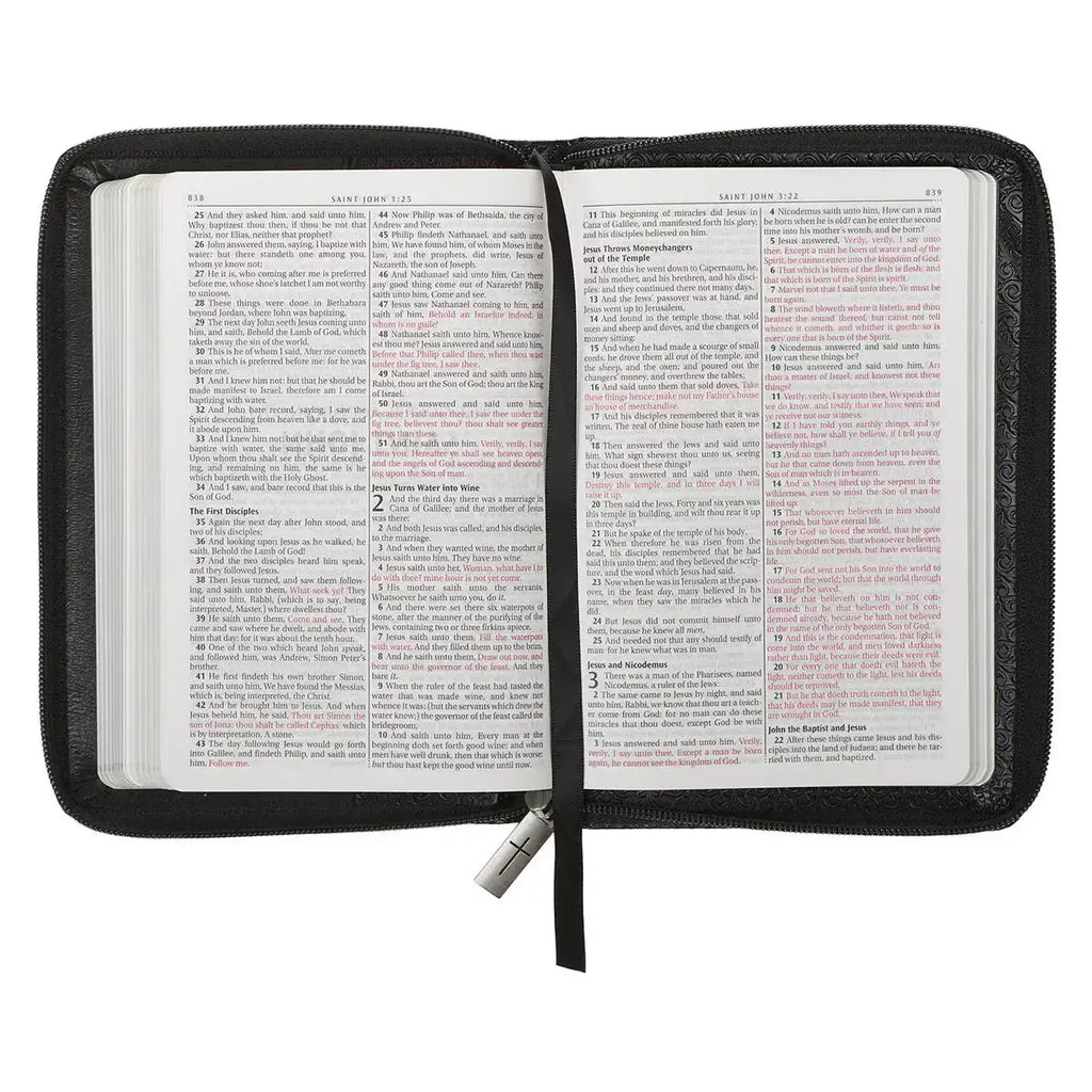 Black Faux Leather Compact King James Version Bible with Zippered Closure
