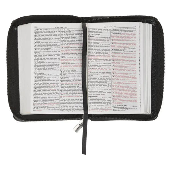 Black Faux Leather King James Version Pocket Bible with Zippered Closure