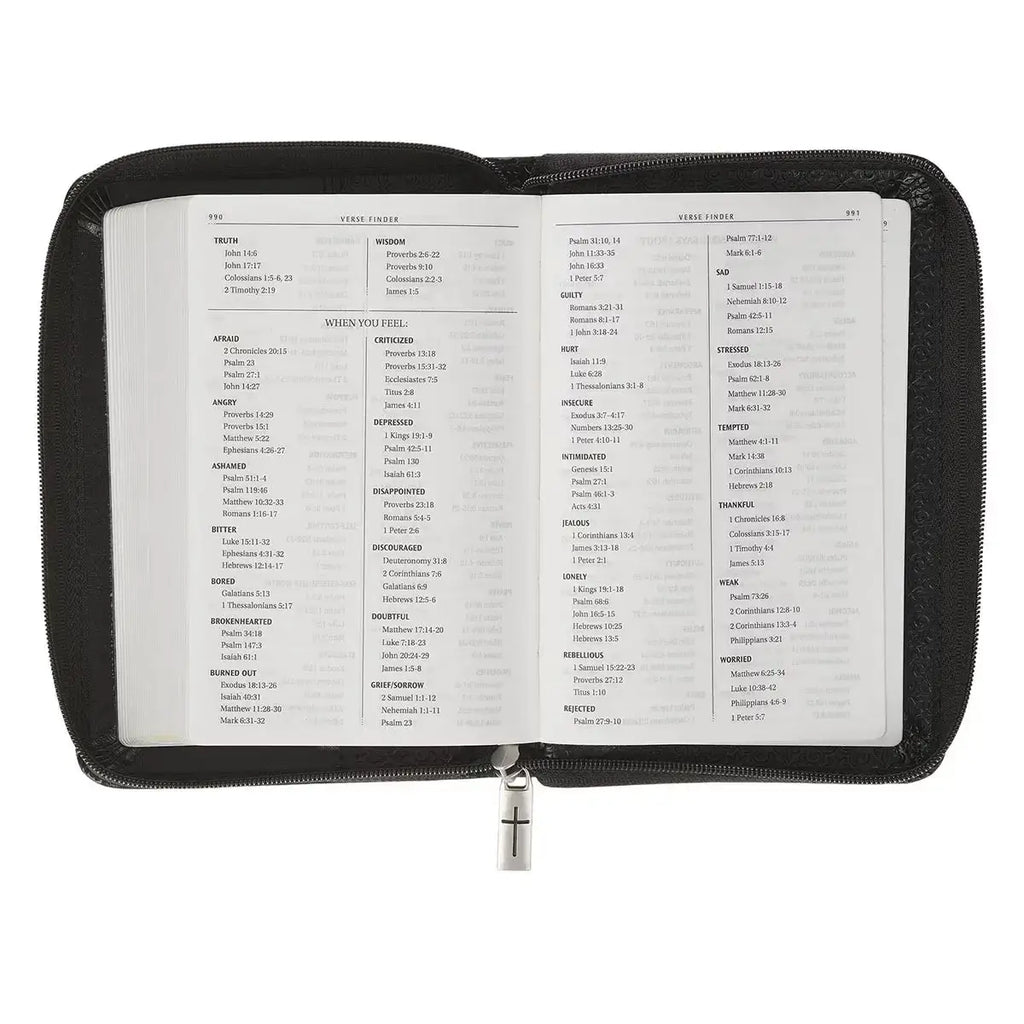 Black Faux Leather King James Version Pocket Bible with Zippered Closure
