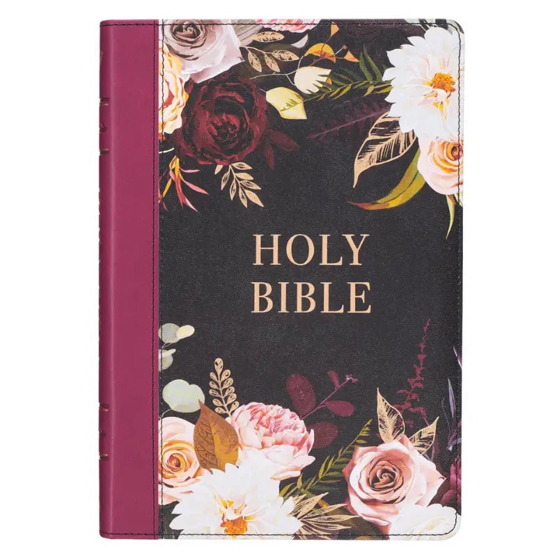 Black & Burgundy Floral Faux Leather Large Print Thinline King James Version Bible with Thumb Index