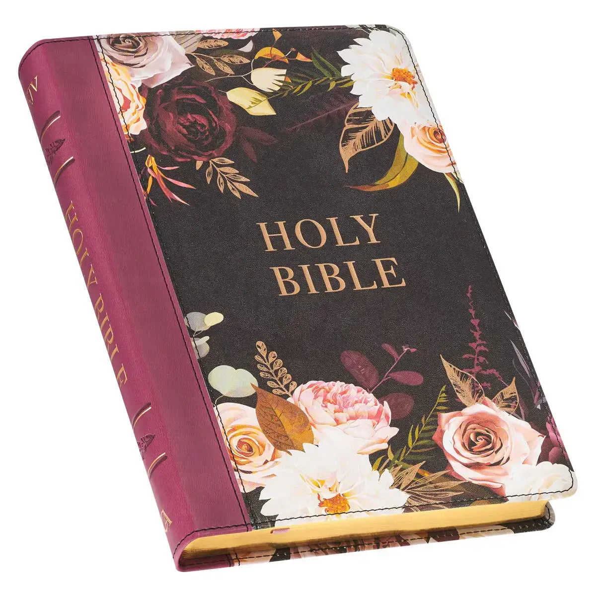 Black & Burgundy Floral Faux Leather Large Print Thinline King James Version Bible with Thumb Index