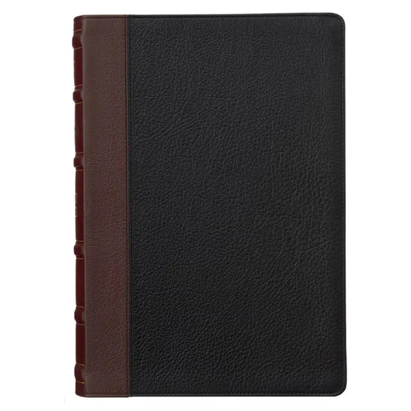 A black textured leather-bound Bible shown from the front on a plain white background.