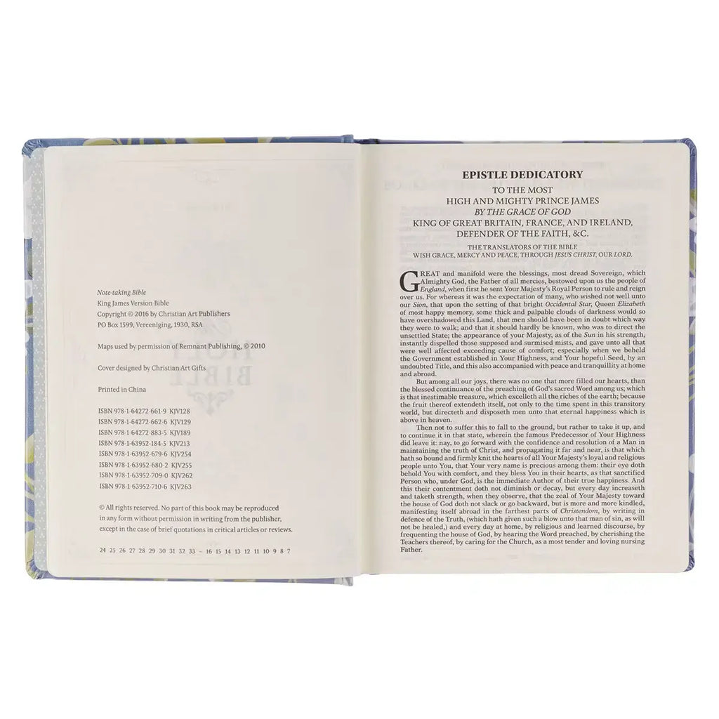 Blue Floral Hardcover Flora Collection Faux Leather King James Version Note-taking Bible - Colossians 3:2