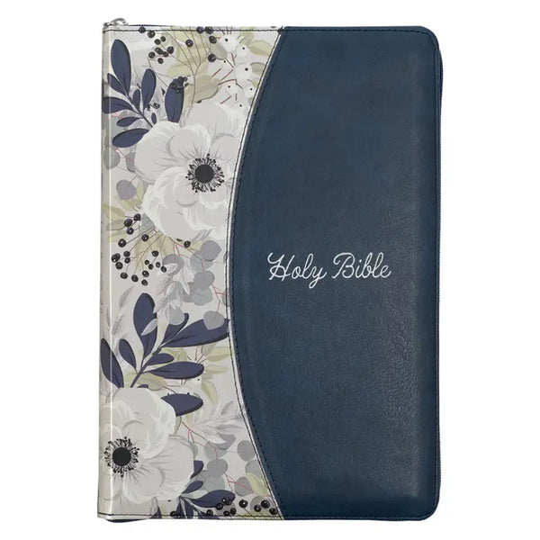 Blue Pearlized Floral Faux Leather Large Print Thinline K J V Bible with Zippered Closure & Thumb Index