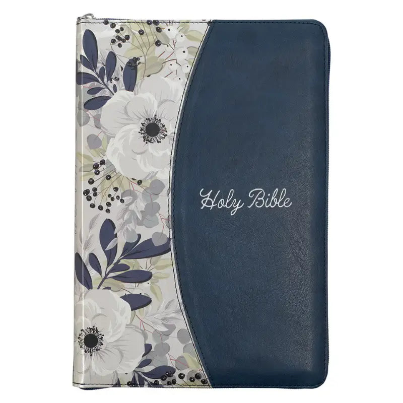 Blue Pearlized Floral Faux Leather Large Print Thinline K J V Bible with Zippered Closure & Thumb Index Main image