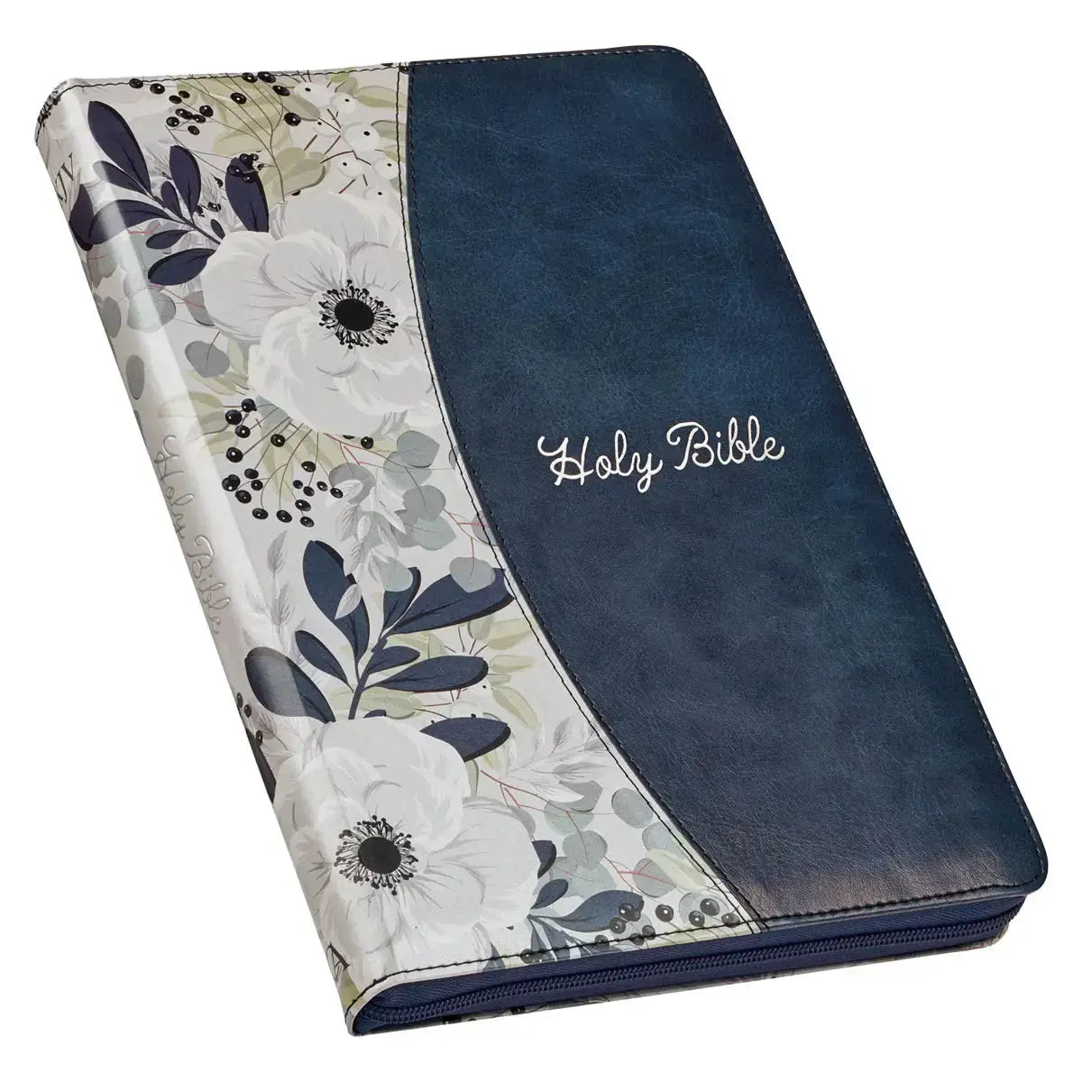 Blue Pearlized Floral Faux Leather Large Print Thinline K J V Bible with Zippered Closure & Thumb Index