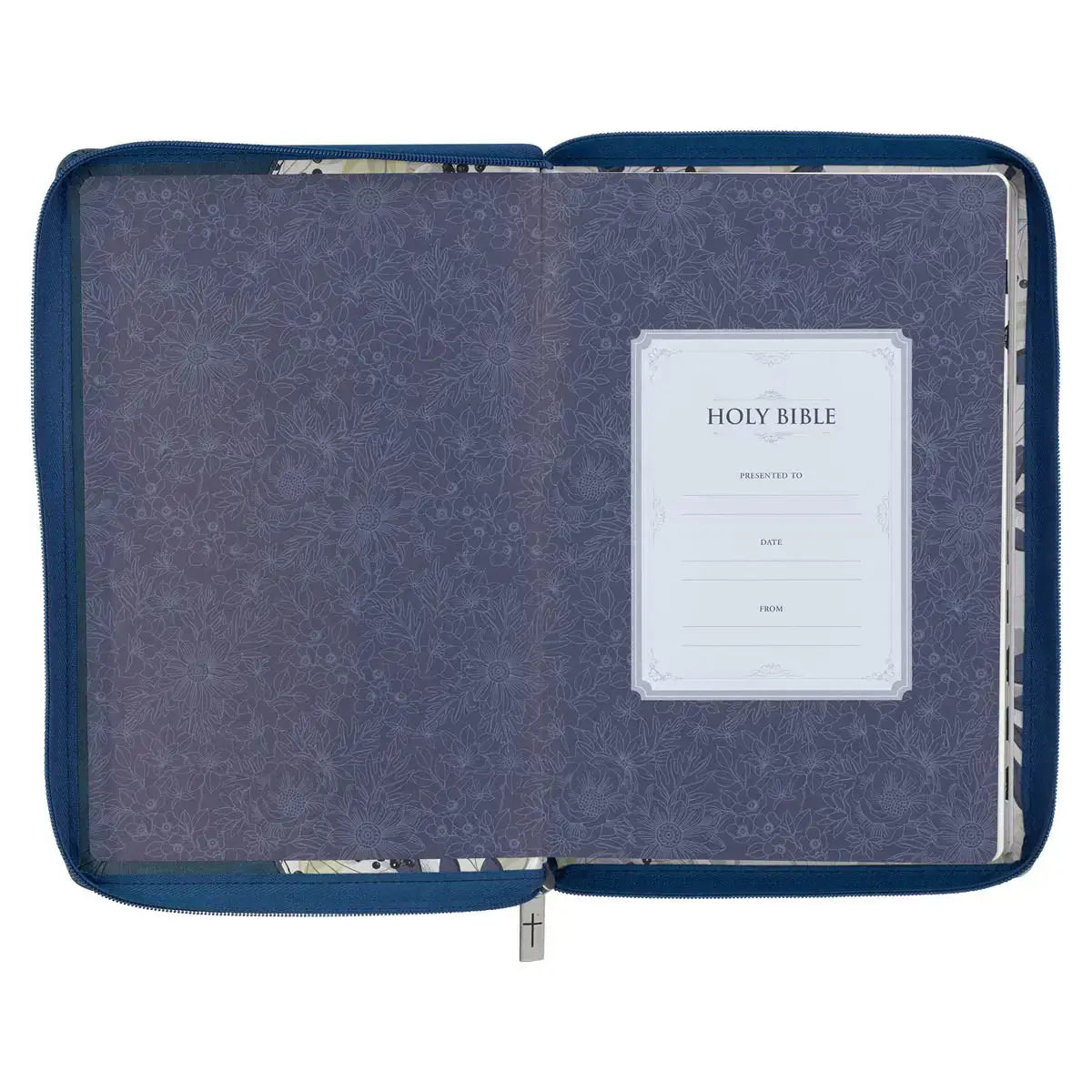 Blue Pearlized Floral Faux Leather Large Print Thinline K J V Bible with Zippered Closure & Thumb Index