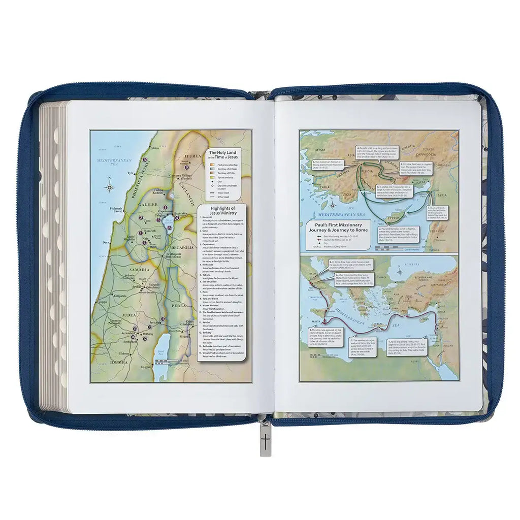 Blue Pearlized Floral Faux Leather Large Print Thinline K J V Bible with Zippered Closure & Thumb Index