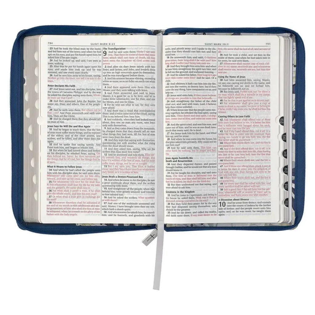 Blue Pearlized Floral Faux Leather Large Print Thinline K J V Bible with Zippered Closure & Thumb Index