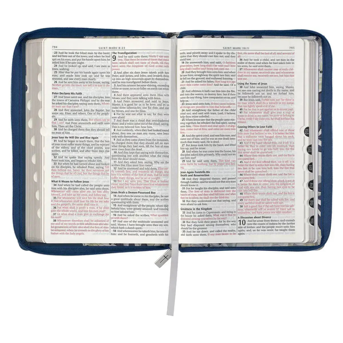 Blue Pearlized Floral Faux Leather Large Print Thinline K J V Bible with Zippered Closure & Thumb Index