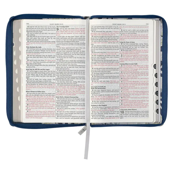 Blue Pearlized Floral Faux Leather Large Print Thinline K J V Bible with Zippered Closure & Thumb Index