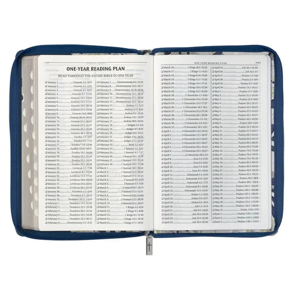 Blue Pearlized Floral Faux Leather Large Print Thinline K J V Bible with Zippered Closure & Thumb Index