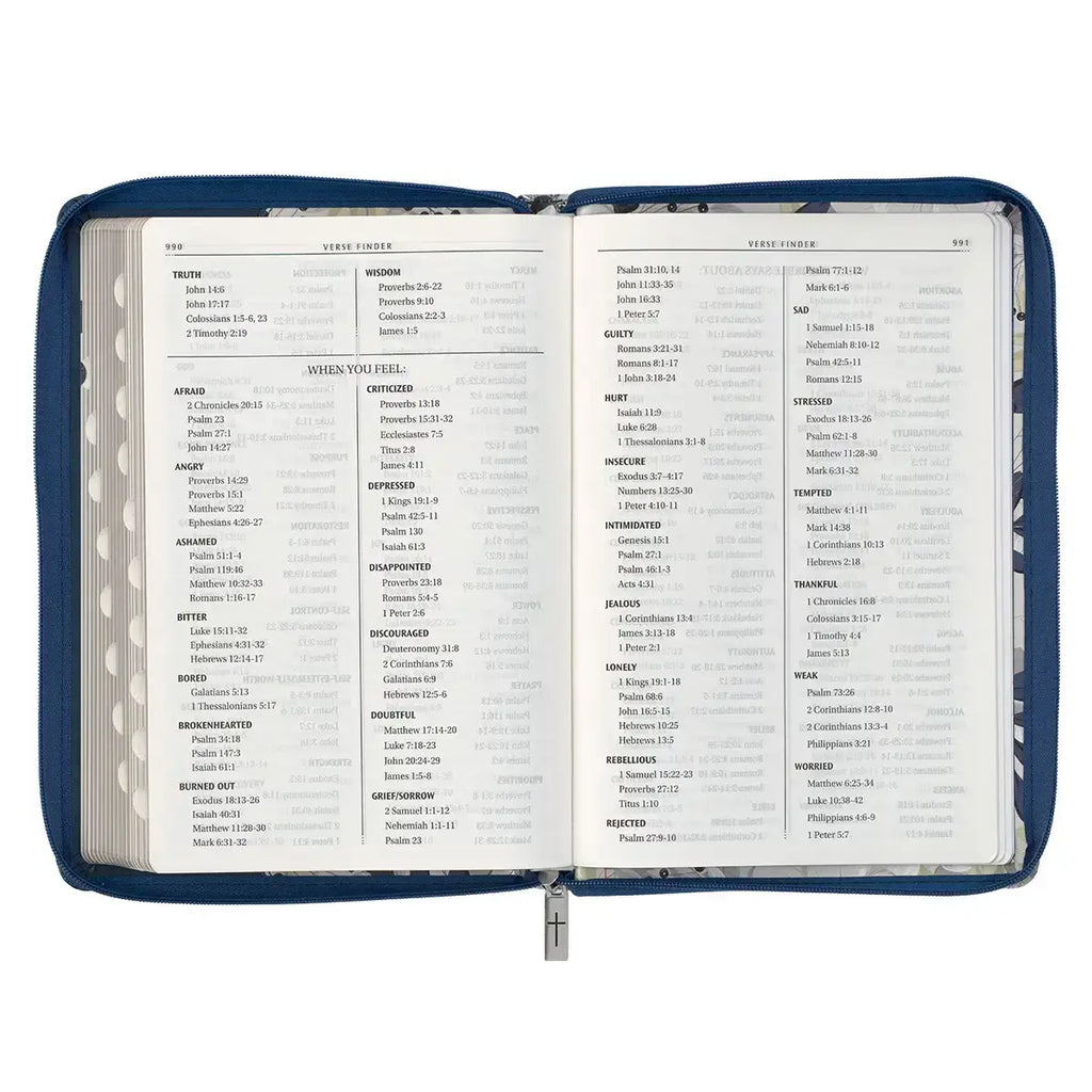 Blue Pearlized Floral Faux Leather Large Print Thinline K J V Bible with Zippered Closure & Thumb Index