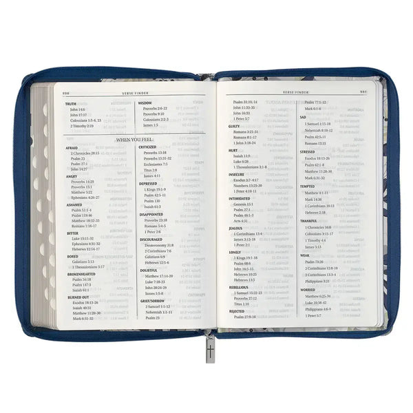 Blue Pearlized Floral Faux Leather Large Print Thinline K J V Bible with Zippered Closure & Thumb Index