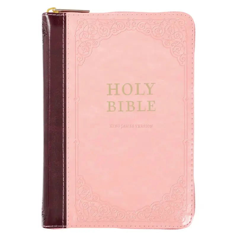 Burgundy & Pink Floral Faux Leather Compact KJV Bible with Zippered Closure