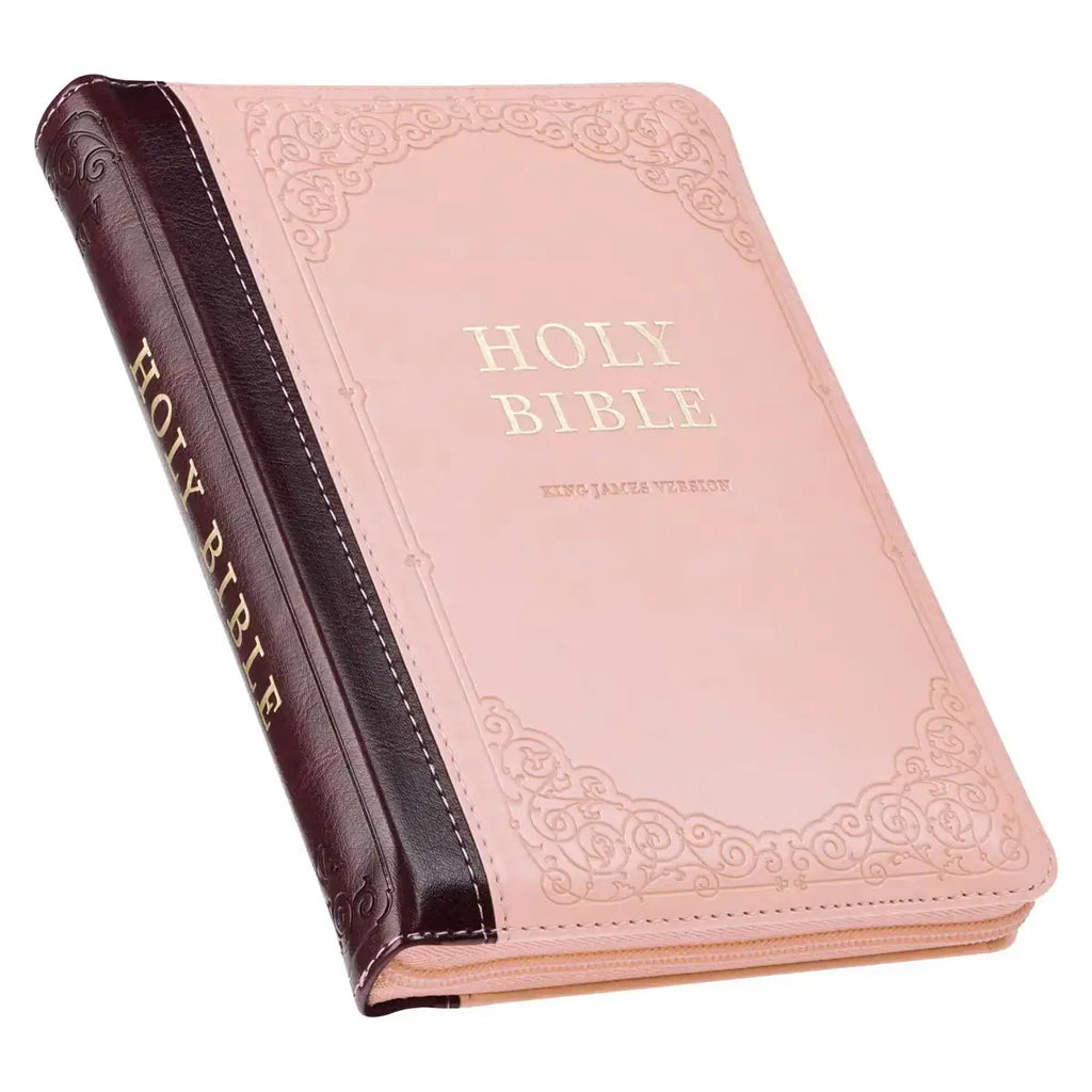 Burgundy & Pink Floral Faux Leather Compact KJV Bible with Zippered Closure
