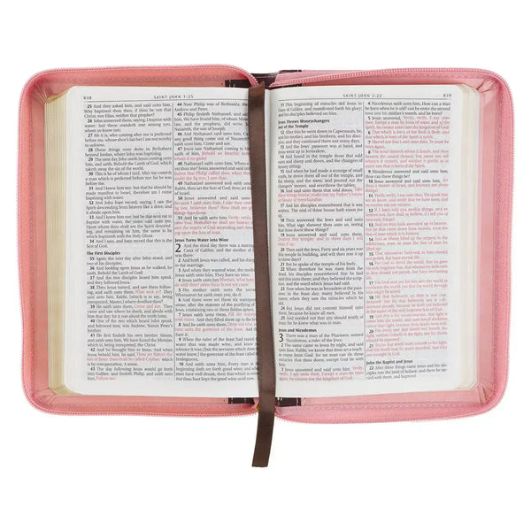 Burgundy & Pink Floral Faux Leather Compact KJV Bible with Zippered Closure