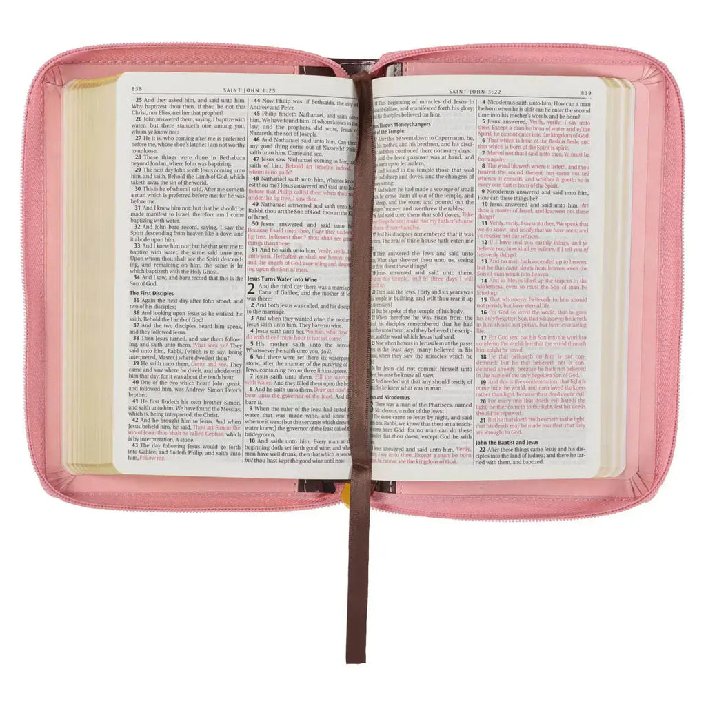 Burgundy & Pink Floral Faux Leather Compact KJV Bible with Zippered Closure