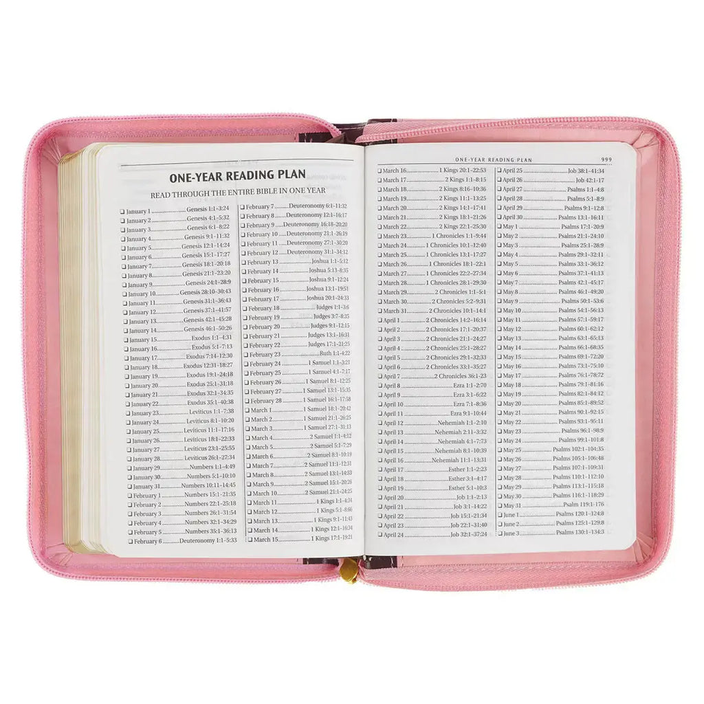 Burgundy & Pink Floral Faux Leather Compact KJV Bible with Zippered Closure