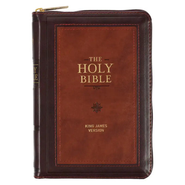 Burgundy & Saddle Tan Framed Faux Leather Compact King James Version Bible with Zippered Closure