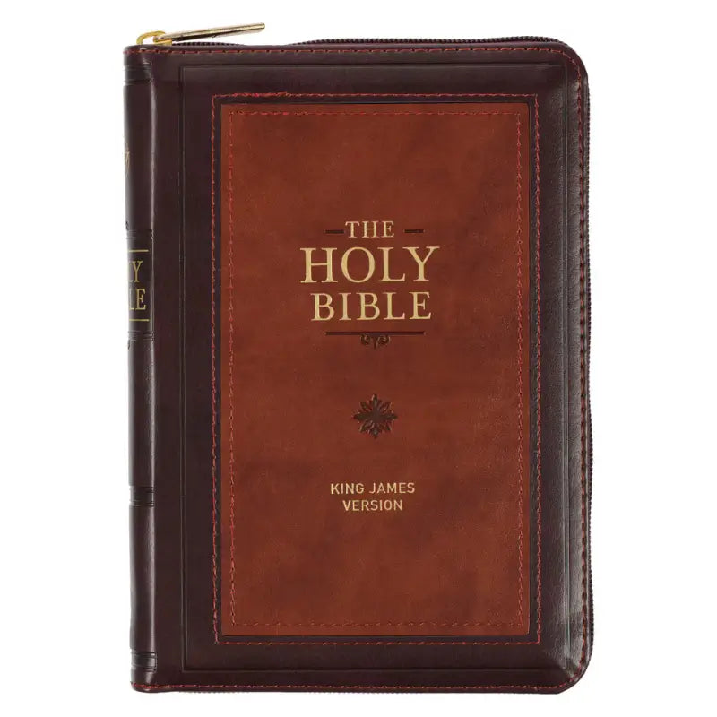 Burgundy & Saddle Tan Framed Faux Leather Compact King James Version Bible with Zippered Closure Main image
