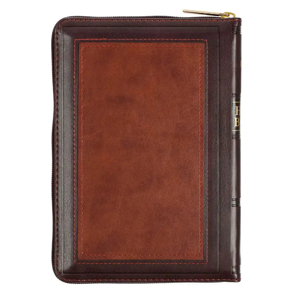 Burgundy & Saddle Tan Framed Faux Leather Compact King James Version Bible with Zippered Closure