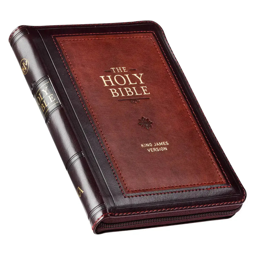 Burgundy & Saddle Tan Framed Faux Leather Compact King James Version Bible with Zippered Closure