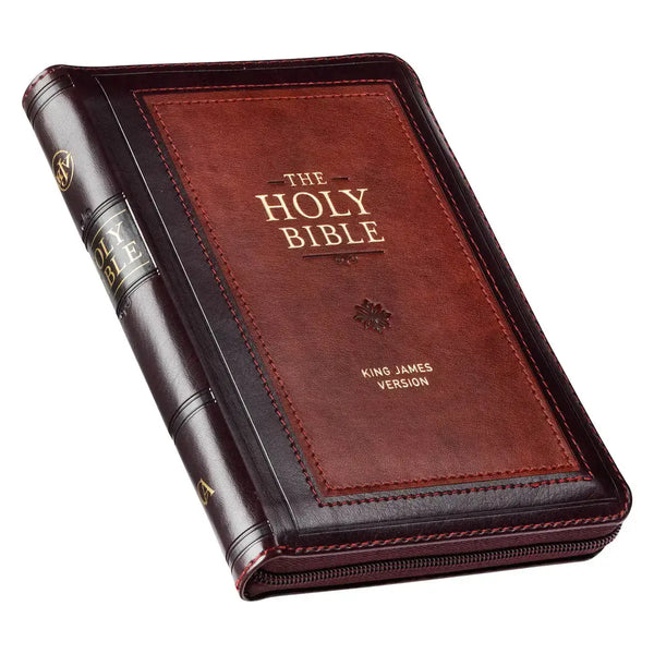 Burgundy & Saddle Tan Framed Faux Leather Compact King James Version Bible with Zippered Closure