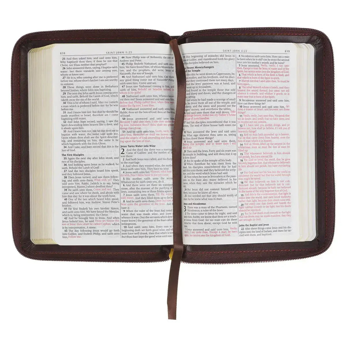 Burgundy & Saddle Tan Framed Faux Leather Compact King James Version Bible with Zippered Closure