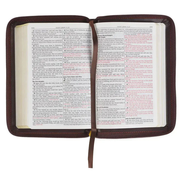 Burgundy & Saddle Tan Framed Faux Leather Compact King James Version Bible with Zippered Closure