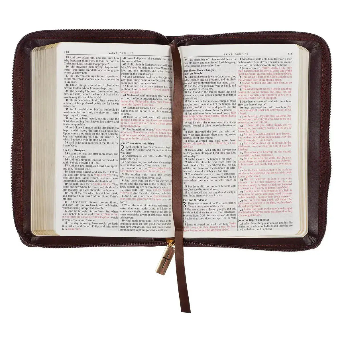 Burgundy & Saddle Tan Framed Faux Leather Compact King James Version Bible with Zippered Closure