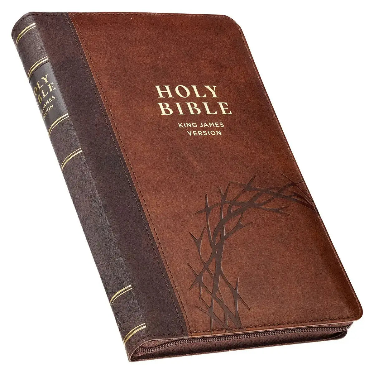 Crown of Thorns Two-Tone Brown Faux Leather King James Version Deluxe Gift Bible with Thumb Index & Zipper Closure