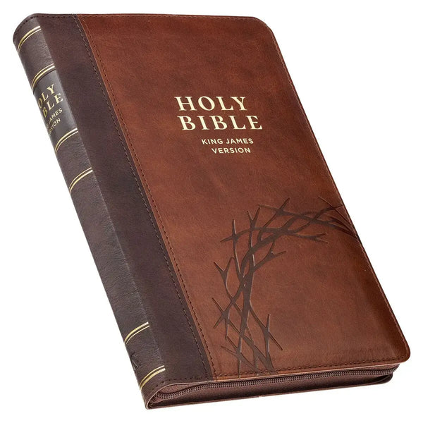 Crown of Thorns Two-Tone Brown Faux Leather King James Version Deluxe Gift Bible with Thumb Index & Zipper Closure