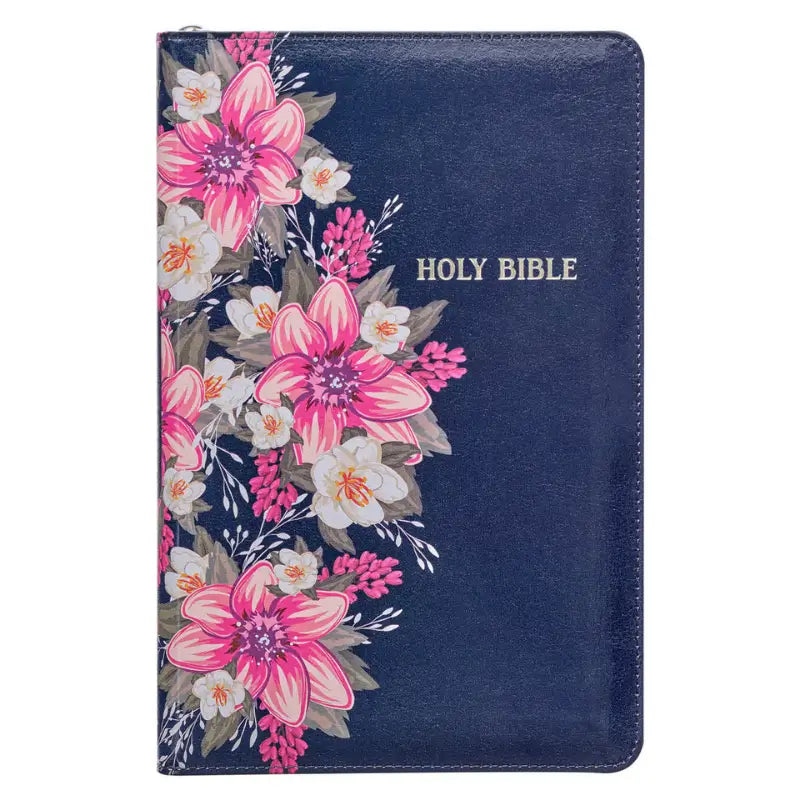 Floral Blue Faux Leather King James Version Deluxe Gift Bible with Thumb Index & Zippered Closure Main image
