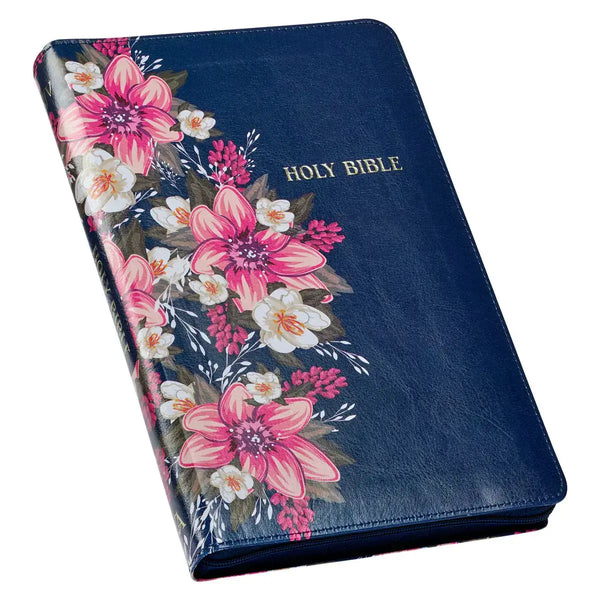Floral Blue Faux Leather King James Version Deluxe Gift Bible with Thumb Index & Zippered Closure