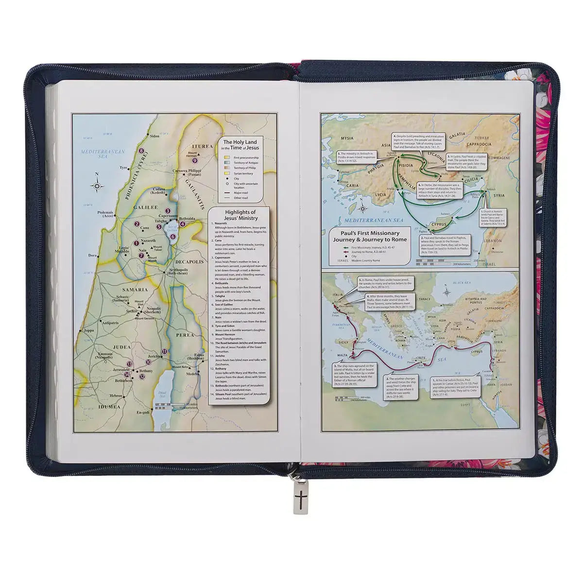 Floral Blue Faux Leather King James Version Deluxe Gift Bible with Thumb Index & Zippered Closure