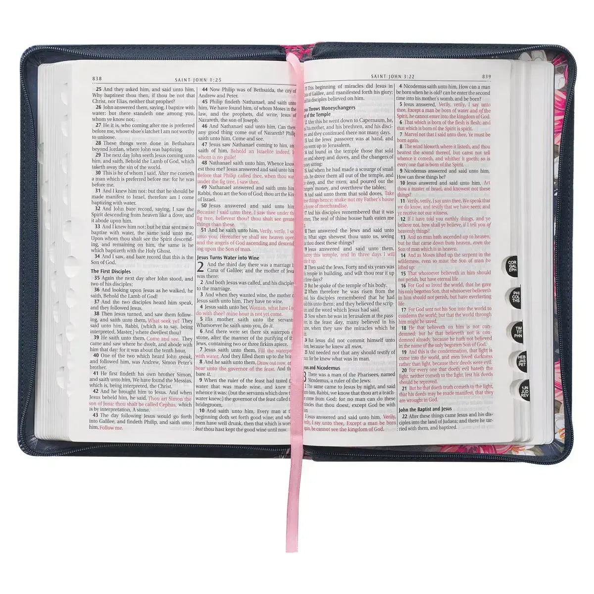 Floral Blue Faux Leather King James Version Deluxe Gift Bible with Thumb Index & Zippered Closure