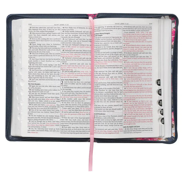 Floral Blue Faux Leather King James Version Deluxe Gift Bible with Thumb Index & Zippered Closure