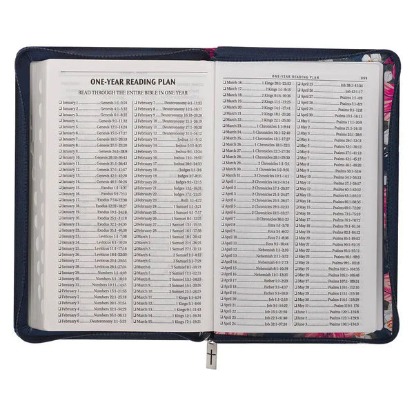 Floral Blue Faux Leather King James Version Deluxe Gift Bible with Thumb Index & Zippered Closure