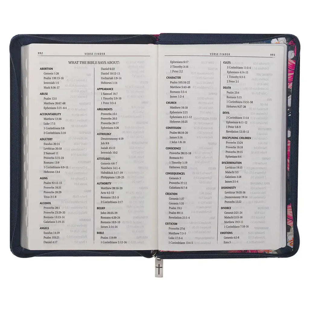 Floral Blue Faux Leather King James Version Deluxe Gift Bible with Thumb Index & Zippered Closure