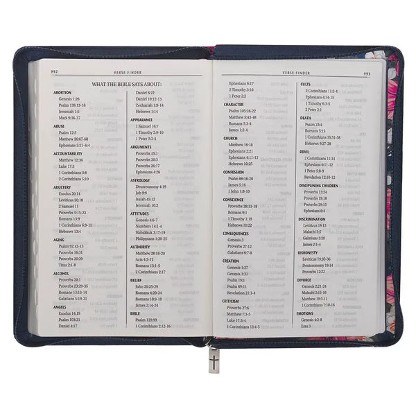 Floral Blue Faux Leather King James Version Deluxe Gift Bible with Thumb Index & Zippered Closure