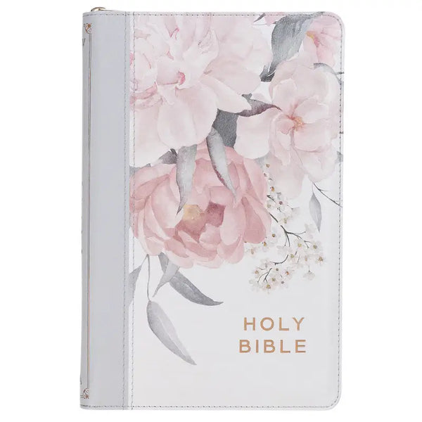 Frosty Gray & Pink¬†Floral Faux Leather King James Version Deluxe Gift Bible with Thumb Index & Zipper¬†Closure