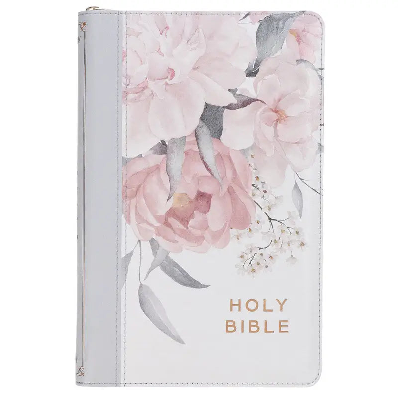 Frosty Gray & Pink Floral Faux Leather King James Version Deluxe Gift Bible with Thumb Index & ZipperÊClosure Main image