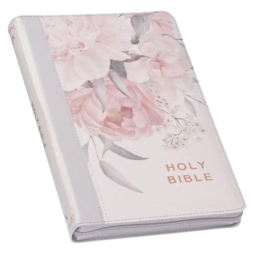 Frosty Gray & Pink¬†Floral Faux Leather King James Version Deluxe Gift Bible with Thumb Index & Zipper¬†Closure