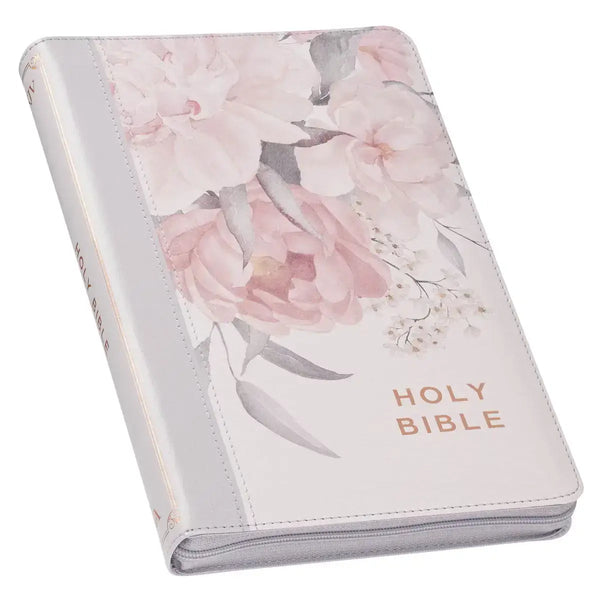 Frosty Gray & Pink¬†Floral Faux Leather King James Version Deluxe Gift Bible with Thumb Index & Zipper¬†Closure