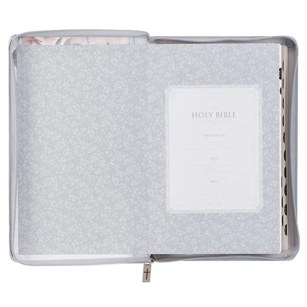 Frosty Gray & Pink¬†Floral Faux Leather King James Version Deluxe Gift Bible with Thumb Index & Zipper¬†Closure
