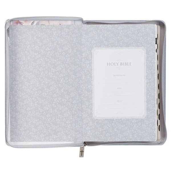 Frosty Gray & Pink¬†Floral Faux Leather King James Version Deluxe Gift Bible with Thumb Index & Zipper¬†Closure