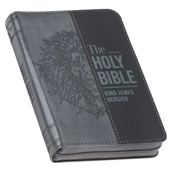 Gray Lion Faux Leather King James Version Pocket Bible with Zipper Closure